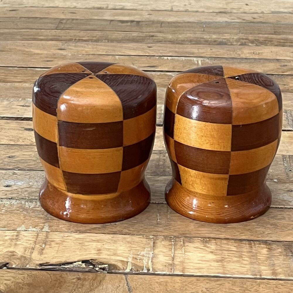 Modern Wooden Salt and Pepper Shakers 4" Tall Handcrafted Checkerboard Pattern